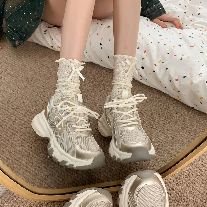 Ladies Sneakers Women Mesh Solid Color Female Sneakers Patchwork Thick Sole Lace-up 2024 Spring Female Leisure Shoes Handmade