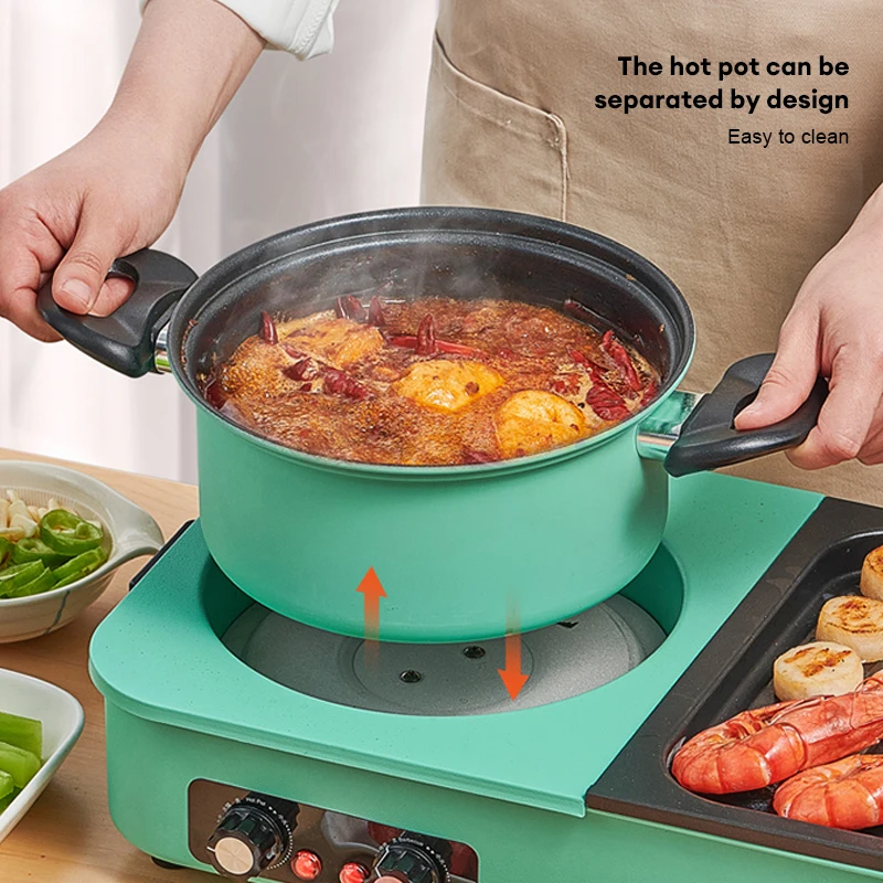 3 in 1 Korean Electric Dish Hot Pot Bbq Ramen Soup Hot Pot Grill Plate Instant Kitchen Fondue Non-Stick Electric Baking Pan EU 4