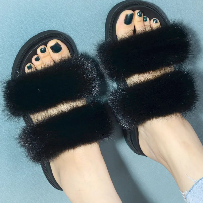Natural Mink Fur Slippers Double Strap Real Fur Slippers For Women