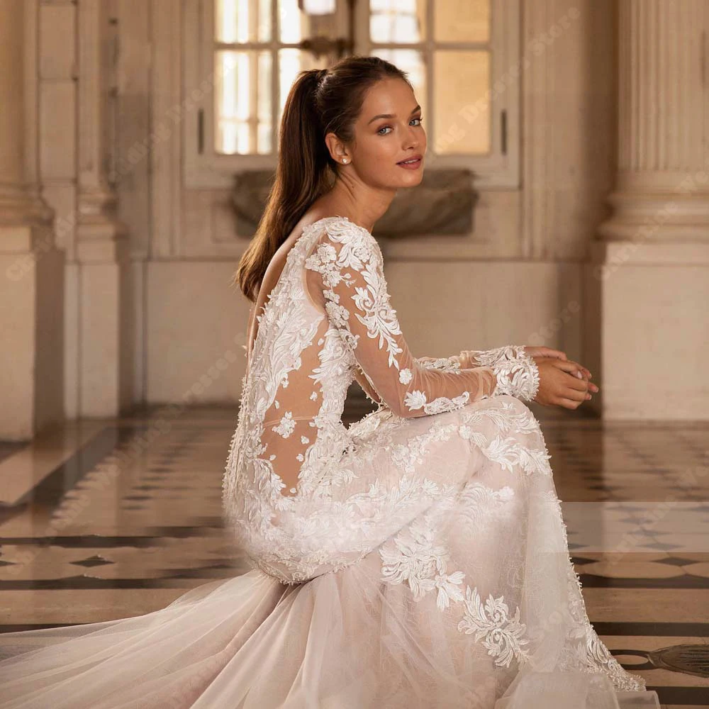 Noble Glitte Women Wedding Dresses Sexy V-Neck Lace Appliques Mermaid Bridal Gowns Long Sleeves Backless Ball Dresses Customized 4
