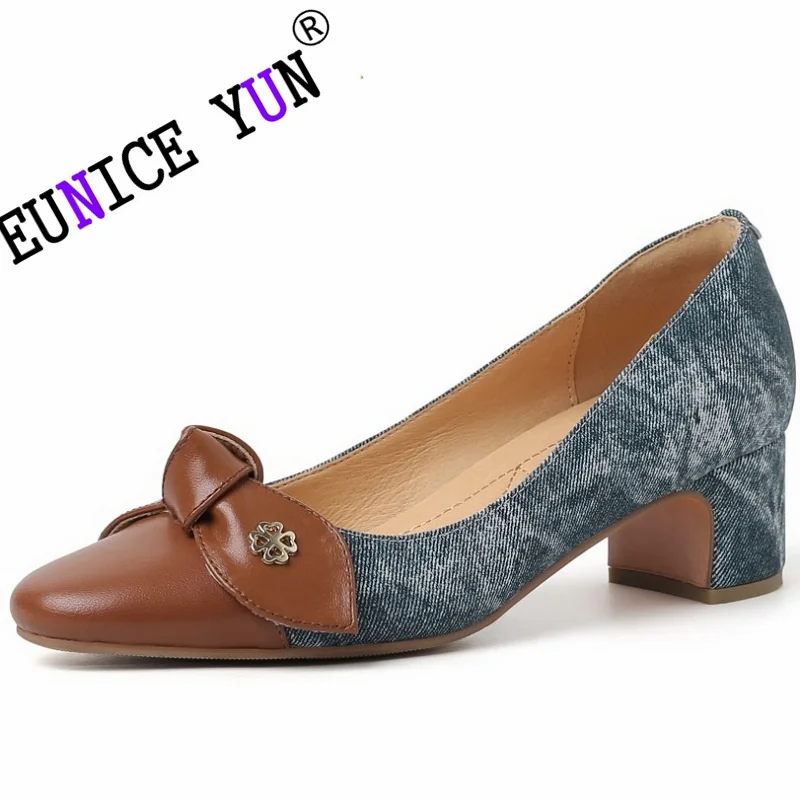 

【EUNICE YUN】Women Genuine Cow Leather Butterfly-Knot Pumps Shoes Office Lady Square Toe Slip On Casual Shoes Woman Shoes