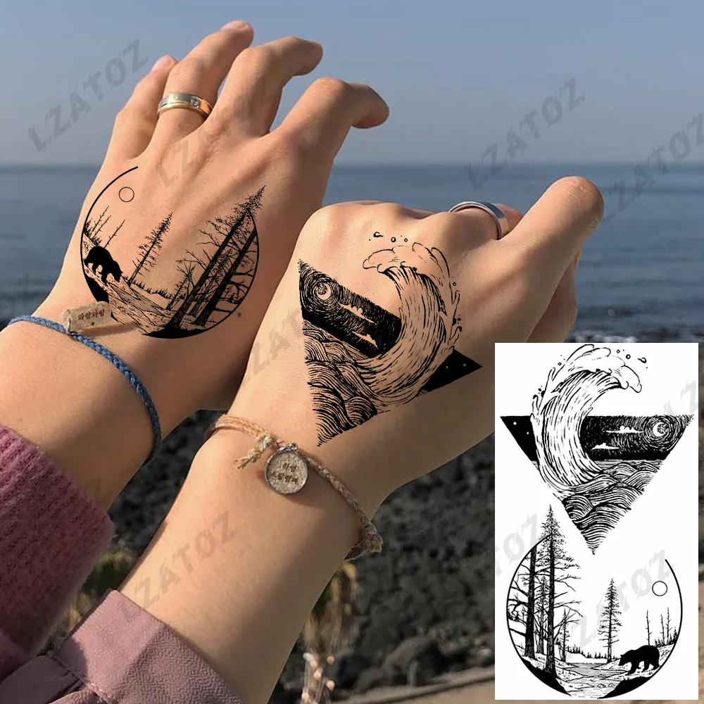 

Realistic Ocean Wave Tree Temporary Tattoos For Women Men Fake Triangle Geometric Tattoo Stickers Hand Water Transfer Art Tatoos