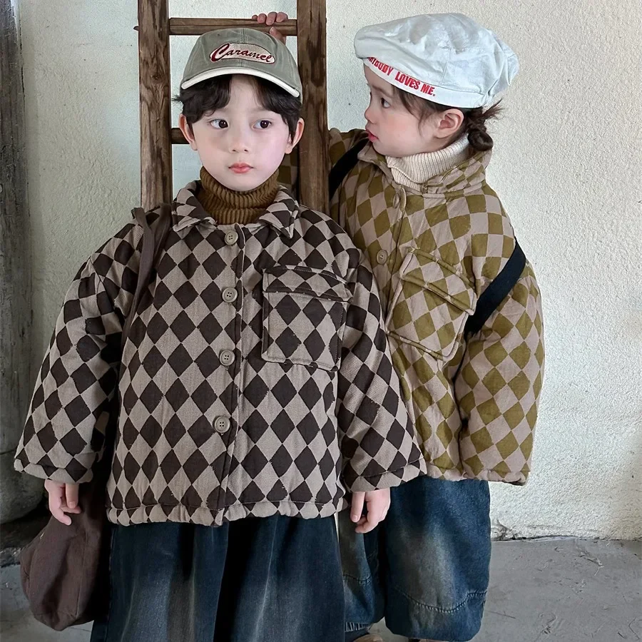 

Coat New Winter Children Clothing Rhombic Lattice Cotton Jacket Coat Boys Girls Baby Thick Warm Cotton 2023 Pocket