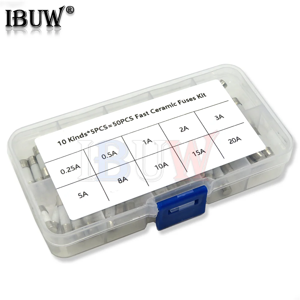 50Pcs/Box 10 Kinds Fast Ceramic Fuses Kit 250V 5Mm X 20Mm 0.25A 0.5A 1A 2A 3A 5A 8A 10A 15A 20 Amp Fuse Tube Assortment