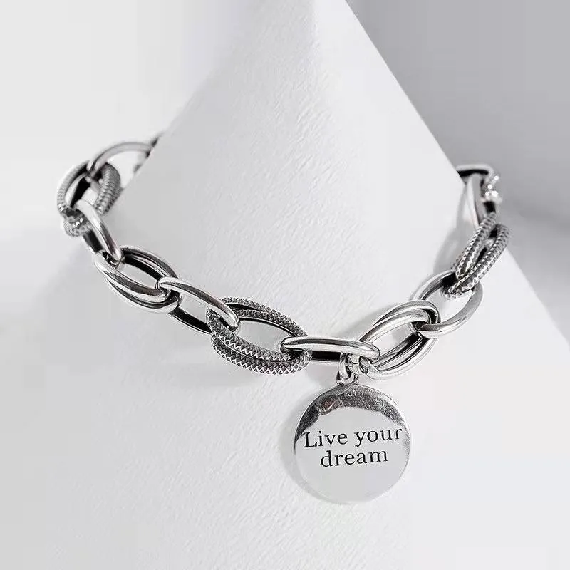 Retro Thai Silver Round Letter Pendant Bracelets for Men Women Hip Hop Thick Heart Charm Chain Party Jewelry Couple Gifts
