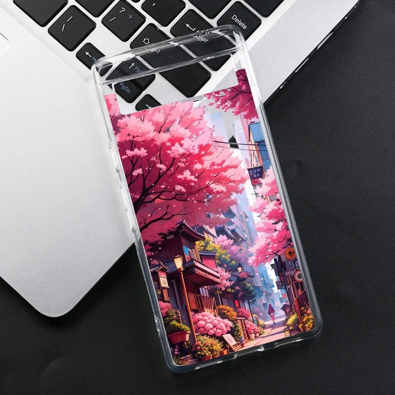 Japan Anime Sakura Train Landscape Phone Case - Temple Print Clear Soft TPU Cover