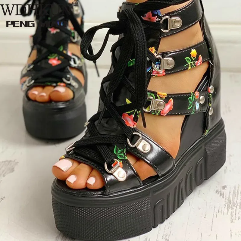 Platform High Heels Sandals Platform Sandals Women High Heels INS Hot Print Leisure Wedges Women Shoes Summer Sandals Platform Shoelaces High Heels Casual Woman 4243
