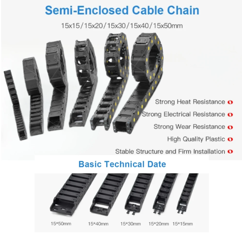 1m Transmission Chain Semi Enclosed Non Openable Plastic Towing Nylon Cable Towing Chain Steel Wire Rope Bracket for Cnc Route