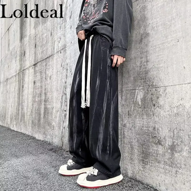 

Men Tie Dyed Jeans Casual Wide Leg Straight Trousers