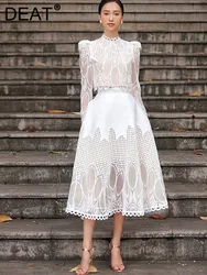 DEAT Elegant Dress Long Sleeve Patchwork Lace High Waist Hollow Out Women's Office Lady Dresses Summer 2024 New Fashion 13DB4649
