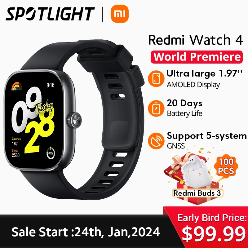 

[Глобальная версия] Φ Xiaomi Redmi Watch 4 AMOLED 1,97 дюйма дисплей оксиметр в крови Bluetooth Вызов 150 + спортивный режим