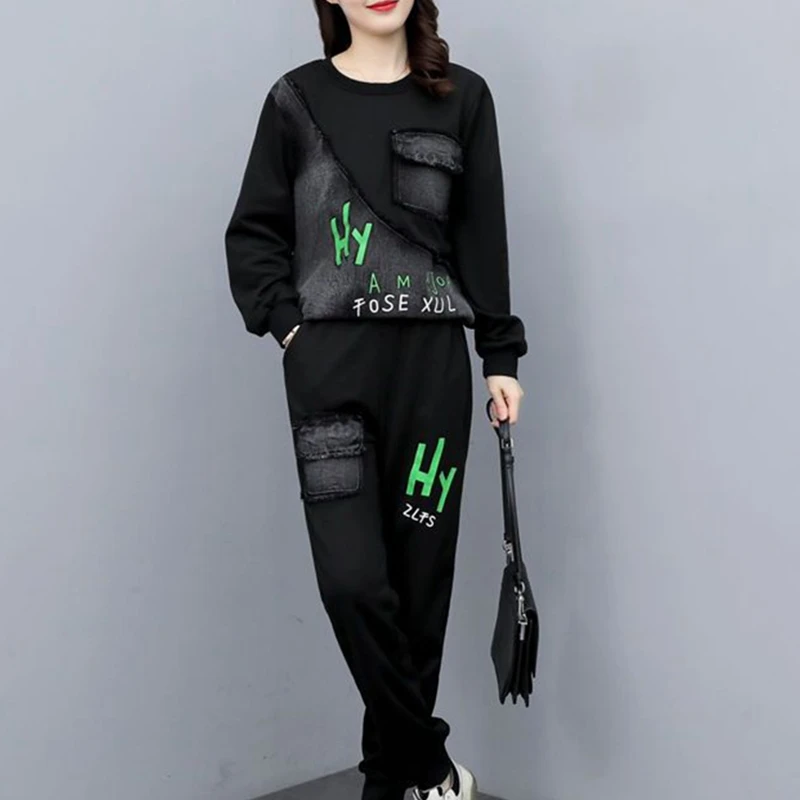 

4XL Fashion Casual Outfits Womens Loose 2 Pieces Set Denim Patchowrk Long Sleeve Tops Spring Suits Oversized Streetwear XC128