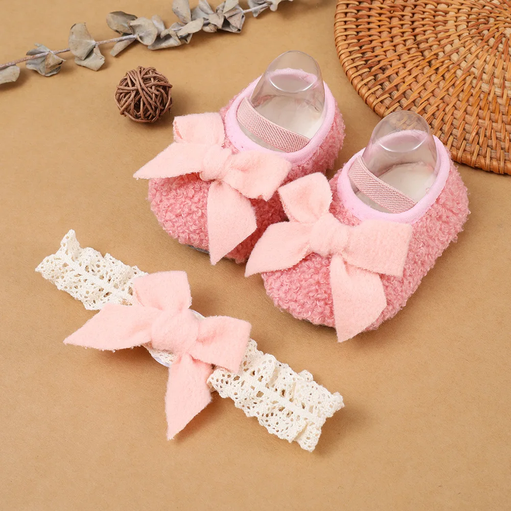 

Newborn Baby Cute Bow-knot First Walker Shoes Set Headband Girls Toddler Kids Soft Sole Footwear Autumn Winter Warm Shoe