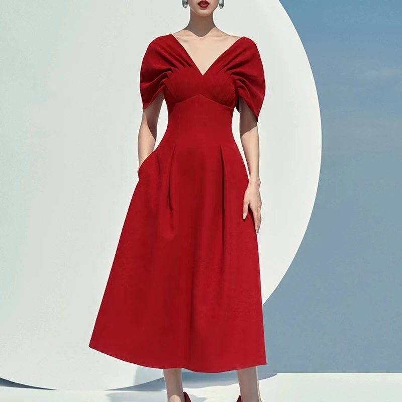 

2023 Summer New Female High End Evening Party Backless Design Short Sleeve Dress Folds Zipper Elegant Dresses