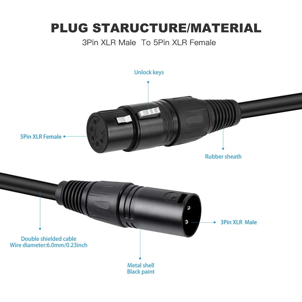3 Pin XLR Male To 5 Pin XLR Female DMX Adapter 30cm XLR3M To XLR5F Adaptor Cable For Microphone DMX Stage Lighting Turnaround audio adapter set