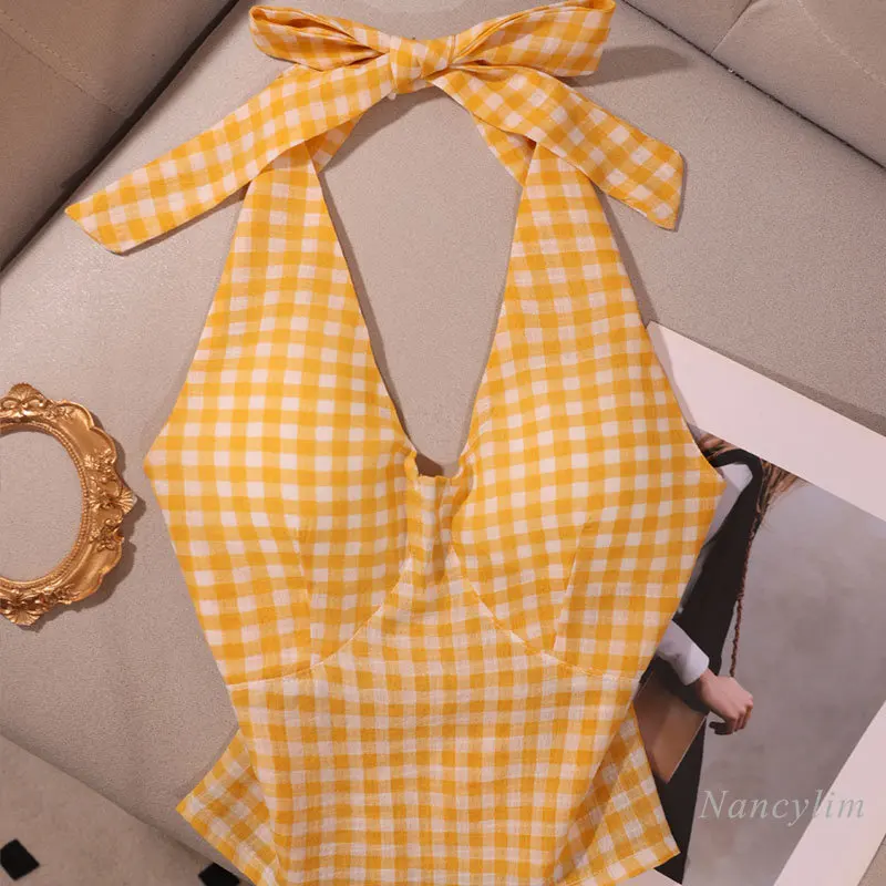 

French Style Yellow Plaid Halter Spaghetti Straps Tank Women's Inner Wear Summer Sexy Slim Fit Outer Wear Hot Girl Seaside Top