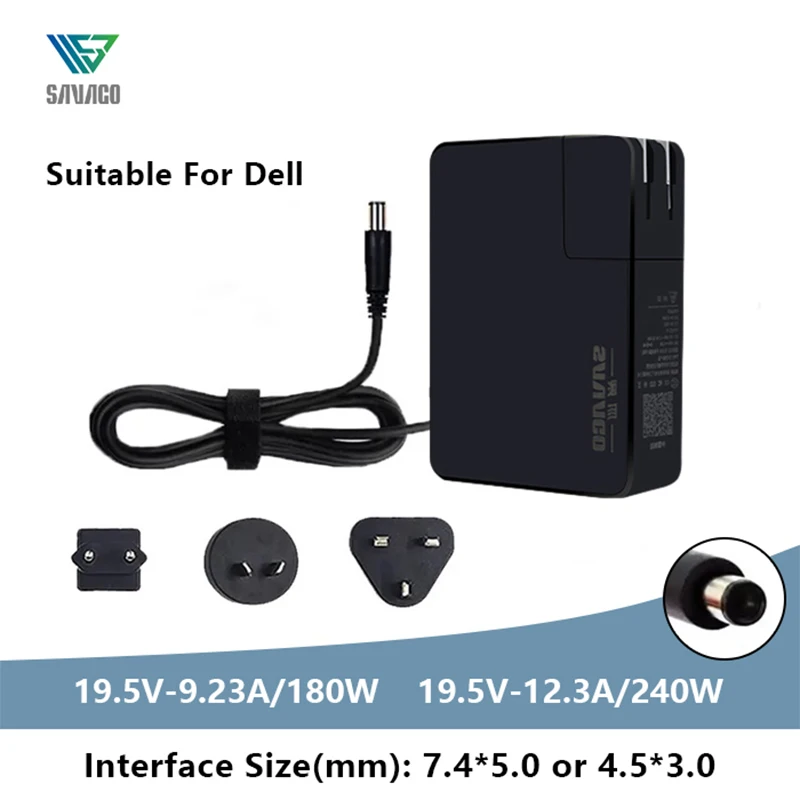 SAVAGO GaN AC 노트북 충전기 전원 어댑터, 델 G16 G15 Alienware X16 R2 15 17 M14X M17X M15r6 정밀 7710, 180W 240W