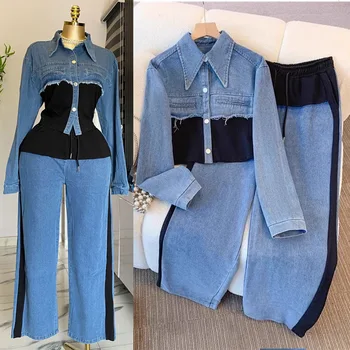 Two Piece Sets Women Pant Set Denim Splice Matching Sets Spring Top Wide Leg Long Pants Casual Loose Lace Up High Waist Jogger 1