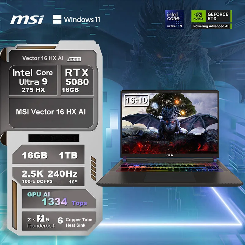 2025 MSI Vector 16 HX AI Gaming Laptop 16 Inch 2.5K 240Hz IPS Screen Notebook Ultra 9-275HX 16GB 1TB RTX5080 Netbook Computer PC 2