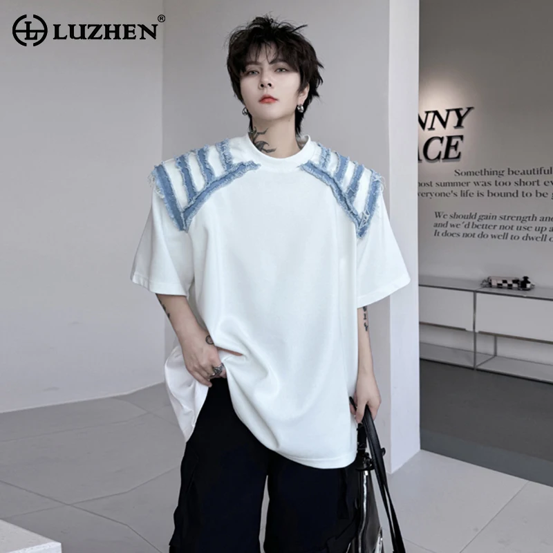 

LUZHEN 2024 Summer Splicing Denim Design Trendy Short Sleeved T Shirts Original Stylish Street Men's Tops Free Shipping LZ2989