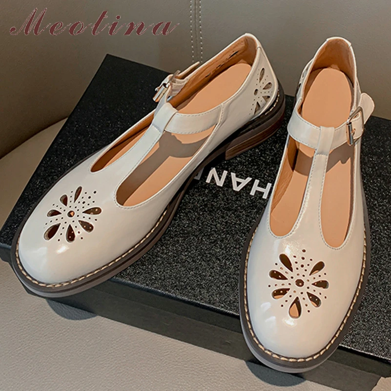 

Женские туфли на толстом каблуке Meotina, туфли из натуральной кожи с Т-образным ремешком, туфли-лодочки на среднем каблуке с вырезами и пряжкой, бежевого и черного цвета, весна 2022