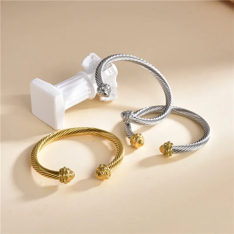 Stainless steel bangle bracelet adjustable size open cuff for women charm vintage twisted style jewelry