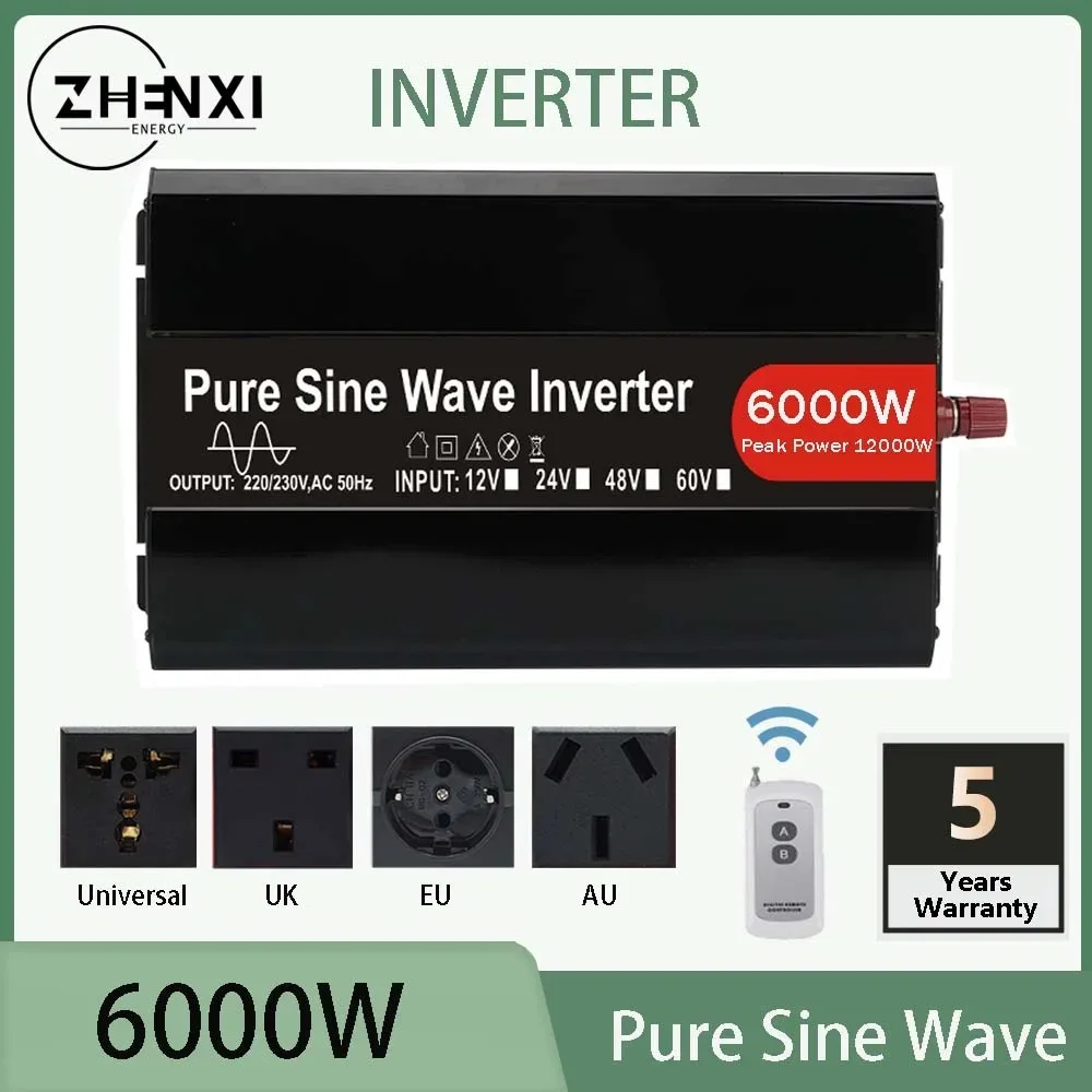 

ZHENXI Rated 6000W Pure Sine Wave Inverter DC 12/24/48V To AC 220V/230V 100/110/120V With LED Display And USB Power System