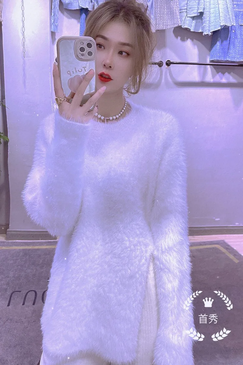 

Sweet White Mink Sweater Women's Fall Winter Clothing Design Split Gentle Comfortable Loose Knitted Pullover Sweater Top Ladies