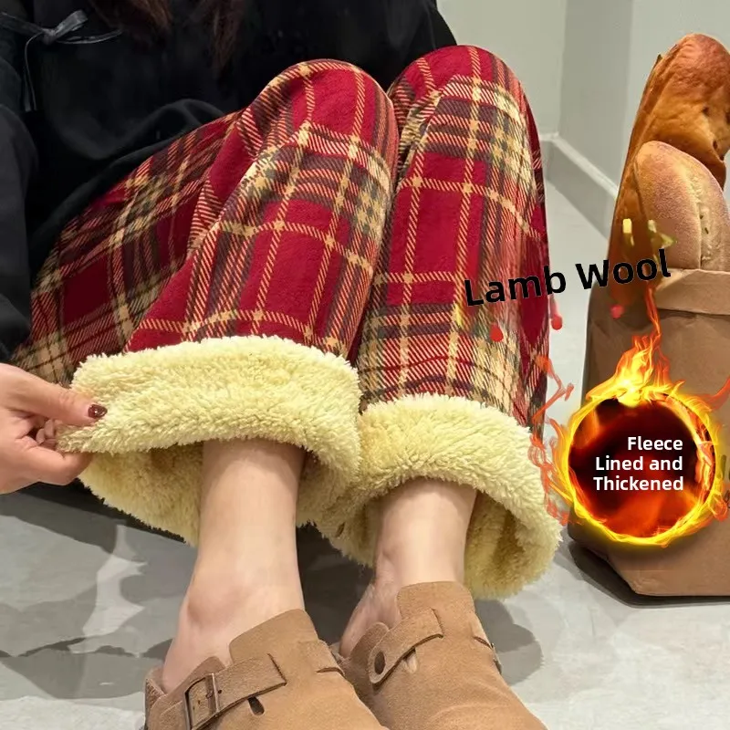 Lamb Velvet Fce Lined Thi Plaid Casual Pants Women Winter Home Straight Leg Wide Leg Cotton Spwear Trousers