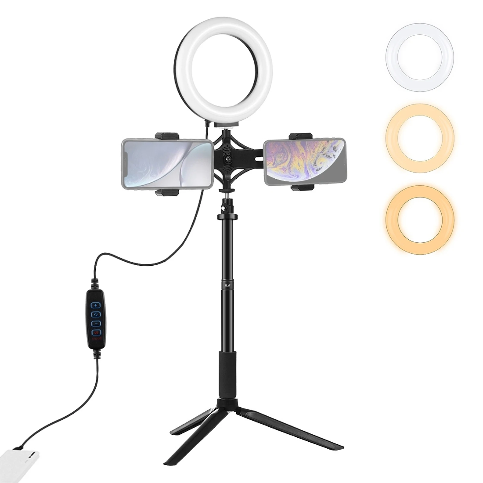 

PULUZ Tripod Mount + Extension Rod + Live Broadcast Dual Phone Bracket + 6.2 inch 16cm LED Ring Vlogging Video Light Kits