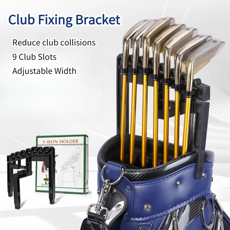 Golf Club Fixture Accommodates 9 Iron Frames To Reduce Club Head Collisions, Adjustable Width Golf Training Aid Tool