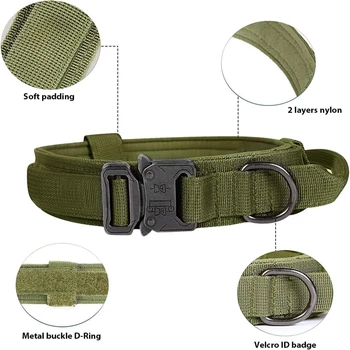Military Dog Collar Leash Set, Adjustable Nylon Collar w/ Handle & Metal Buckle, Dog Training Gear, Green Color 4