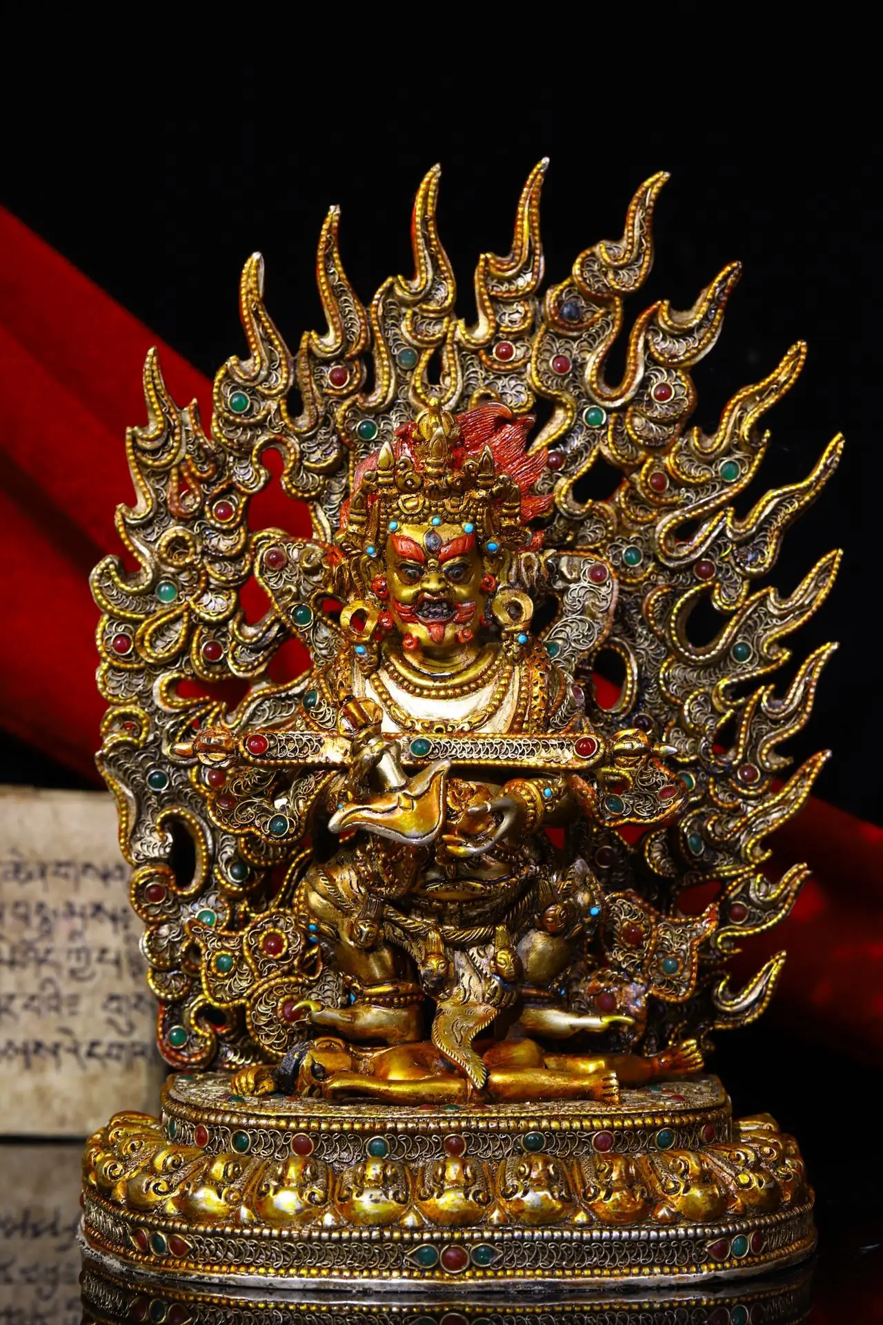 

10"Tibetan Temple Collection Old Bronze Outline in gold Gem Cinnabar Mahakala Vajrapani Buddha Backlight Worship Hall