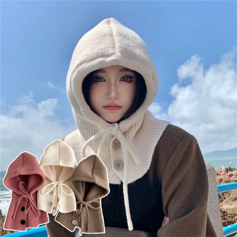 

Women Knitting Wool Pullover Scarves Winter Warm Windproof Hooded Neck Collar One Piece Hat Scarf Outdoor Ski Snood Muffler