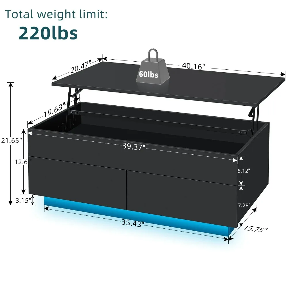 LED Lift Top Coffee Table with Storage Modern Coffee Tables for Living Room Rectangle High Gloss Center Table with 2 Drawers 5