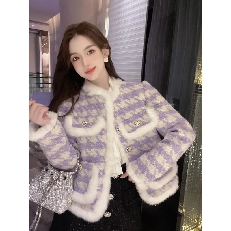 Mink Hair Wool Plaid Jackets Women's Outwear 2023 Spring Autumn Houndstooth Wool Coat Elegant Loose Woolen Cotton-Padded Jacket