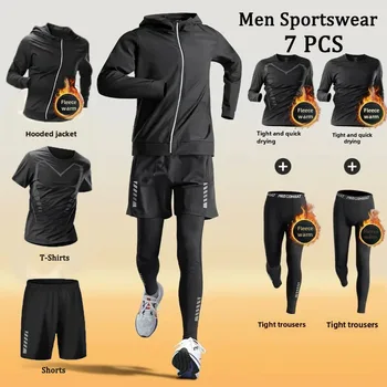 Men's 5-7 PCS Winter Fleece-Lined Warm-Up Sports Sets Running Fitness Training Tight Athletic Cycling Quick-Dry Sportswear Suit