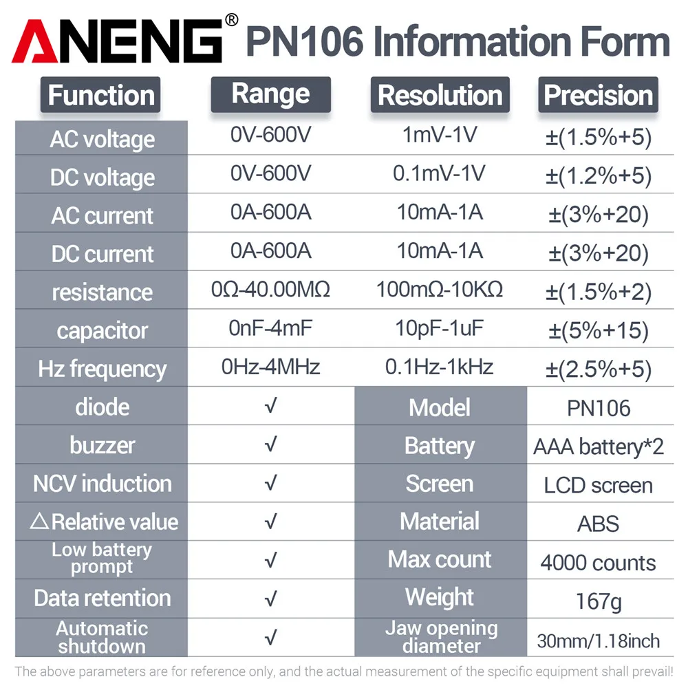 ANENG PN106 Ŭ 跮 4000 īƮ AC/DC  а  ׽, True RMS Ƽ Ŭ , 