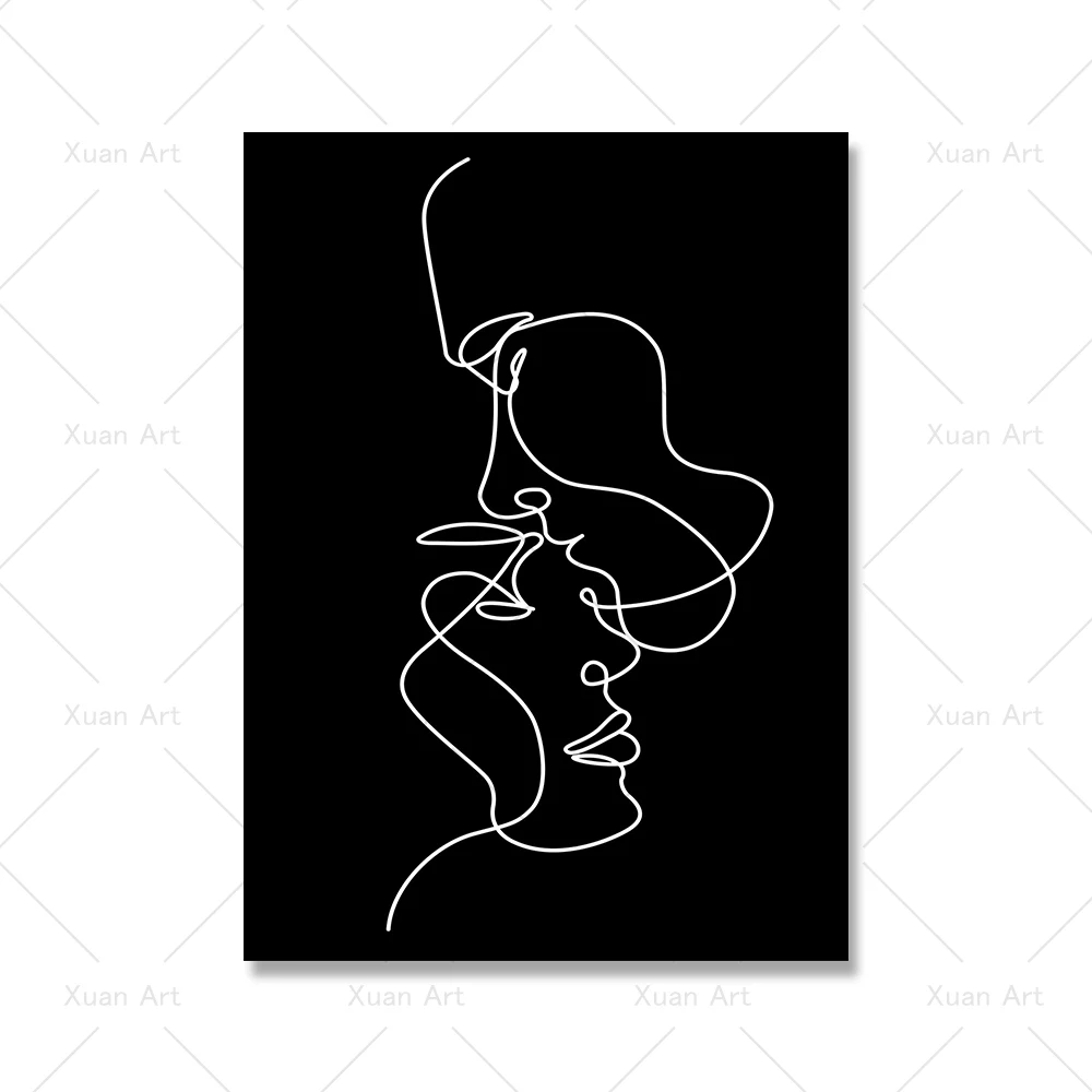 Abstract couple kisses line art, romantic poster, couple one line