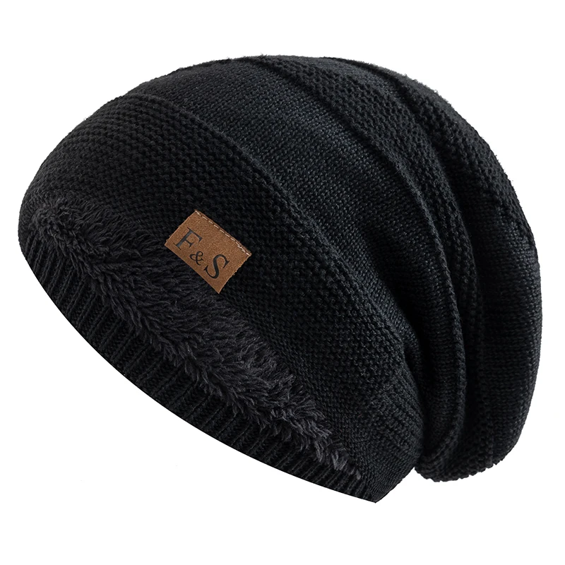 Unisex Slouchy Hats Add Fur Lined Men And Women Warm Beanie Cap Label Decor...