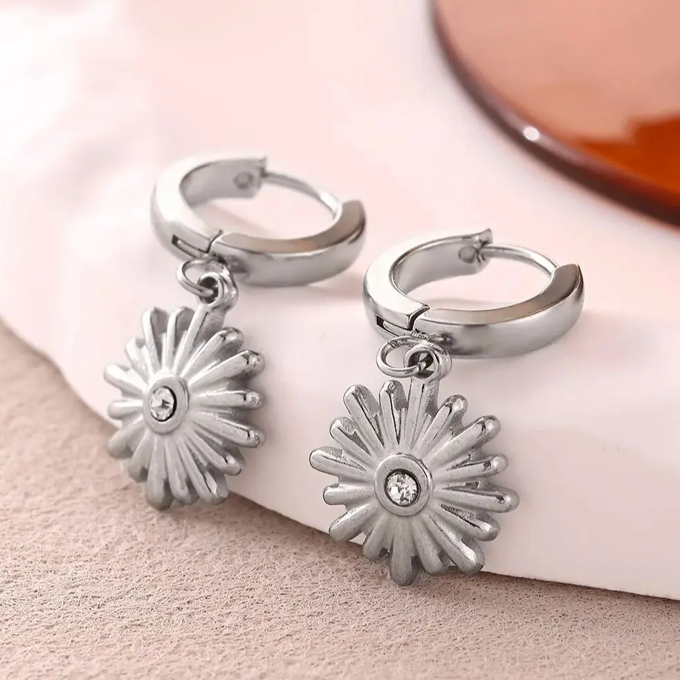 Stainless Steel Sunflower Dangle Earrings for Women Gold Color Geometric