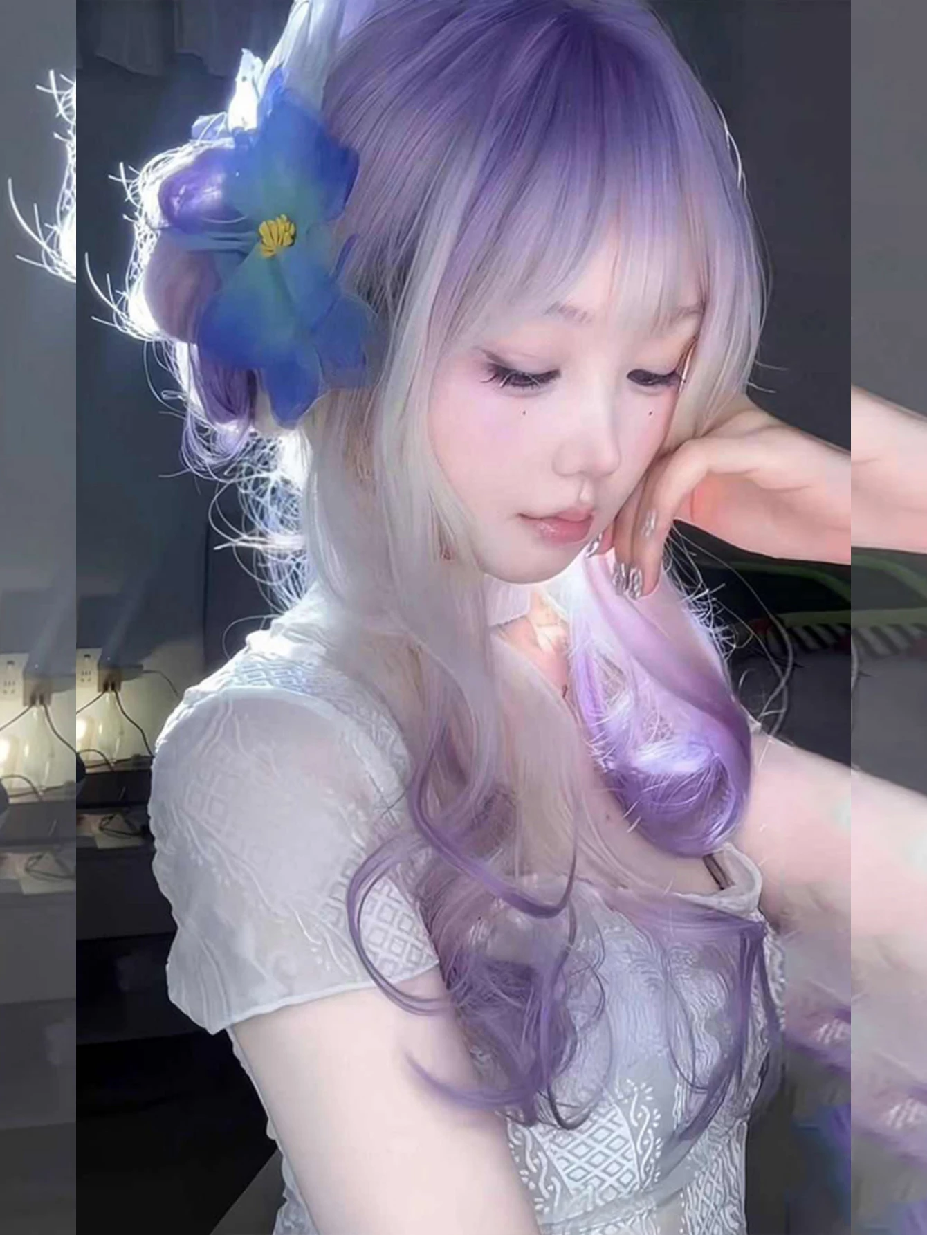 Synthetic White Purple Long Curly Wavy Wig for Women