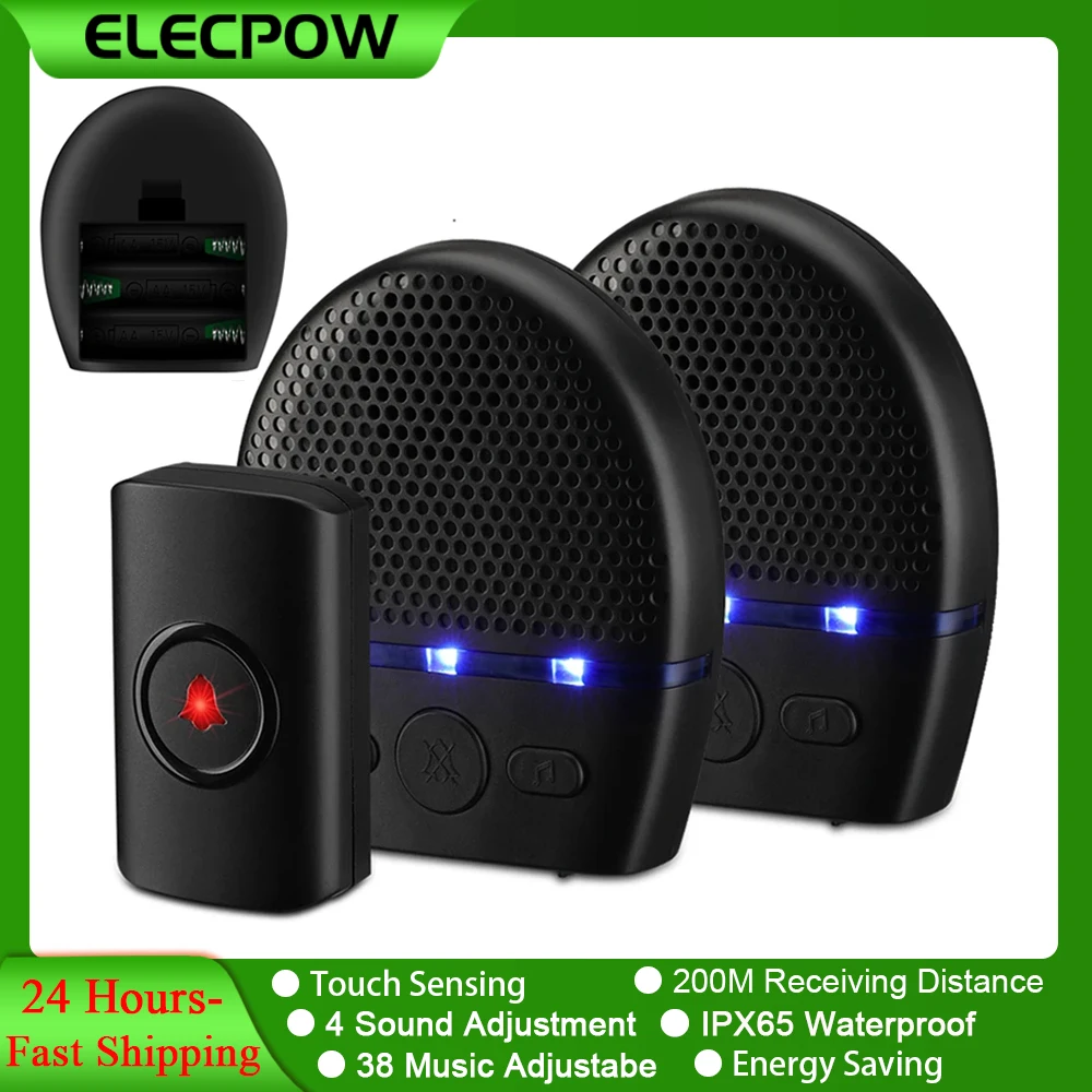 

Elecpow Wireless Doorbell Outdoor Waterproof Smart Home Door Bell 38 Songs No Socket Require Receiver LED Flash Security Alarm