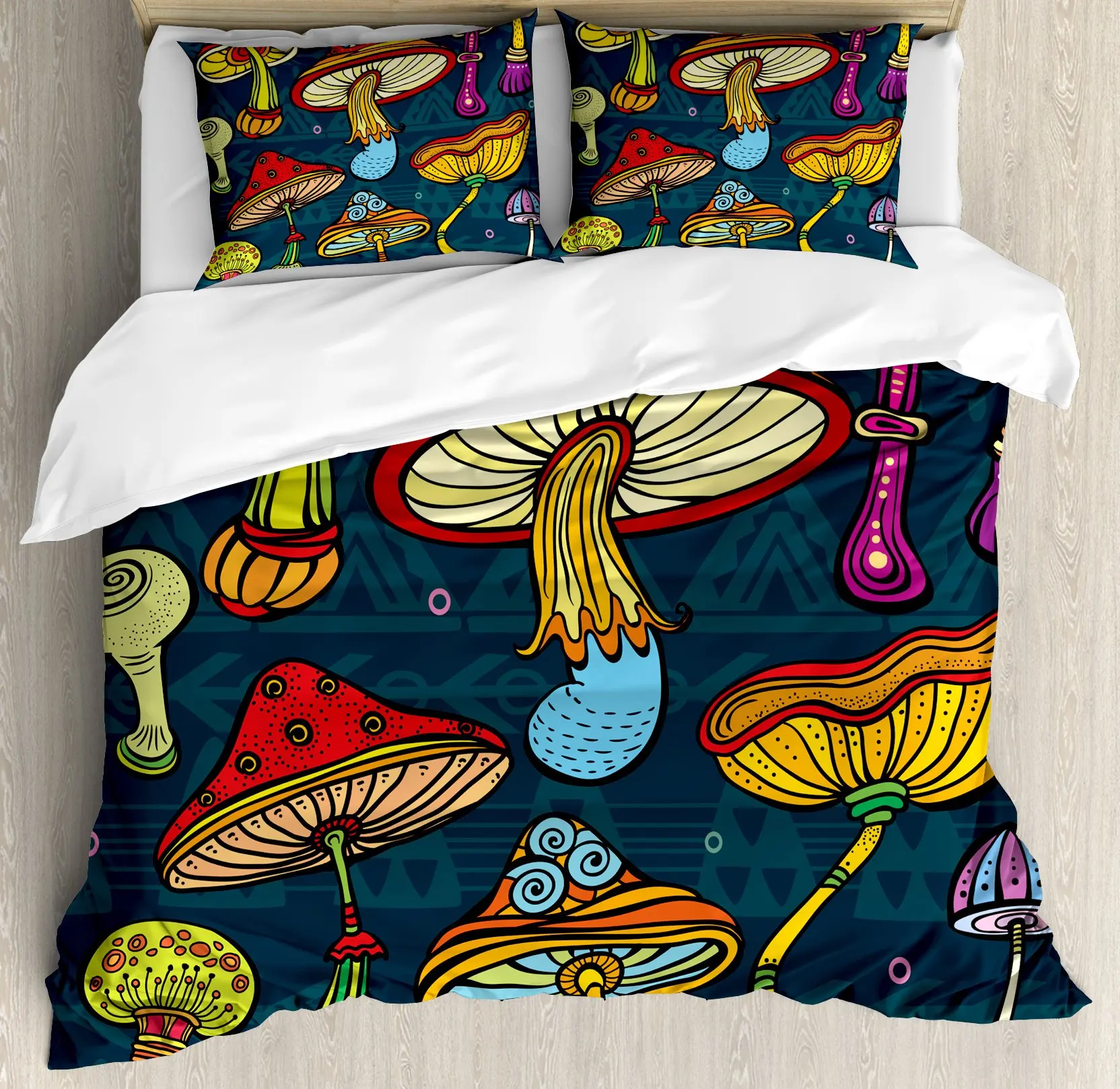 Mushroom Duvet Cover Colorful Gold Pattern Cartoon Plant Beddings for Teen Boys Girls Kids,Queen/King Microfiber Comforter Cover
