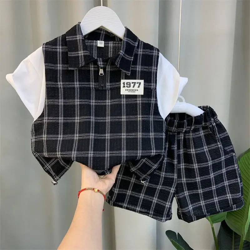 Children Plaid Clothing 2023 New Fashion Baby Boys Summer Patchwork Short Sleeve Shirt+shorts Handsome Casual 2pcs Set Outfit