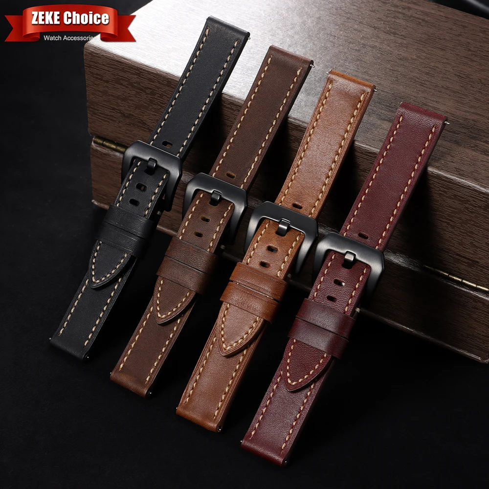 Vintage Stitching Genuine Leather Watch Straps for Men - Quick Release Replacement Top Grain Band
