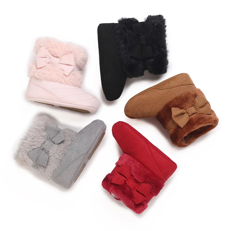 Suefunskry Baby Girl Boots Cute Bowknot Crib Shoes Infant Winter Warm Plush Boots First Walker Shoes with Non-Skid Soles