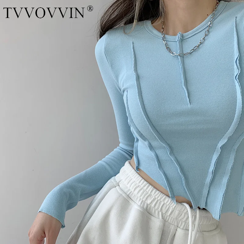

TVVOVVIN Hot Girl Sexy Open Navel Skinny T-shirt Korean Solid Color Long Sleeve Splicing With Ruched Irregular Tops Mo6q