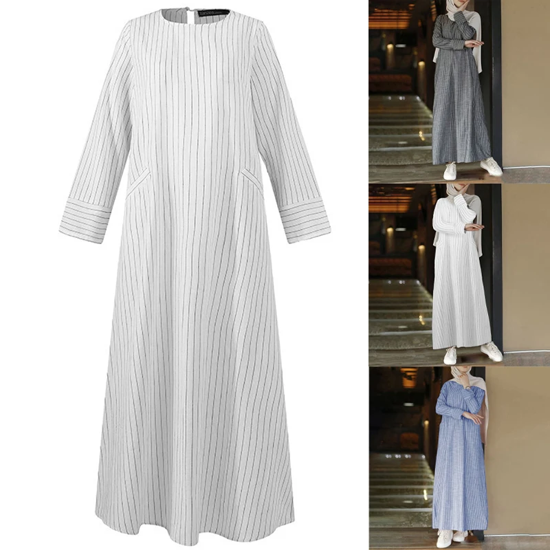 New Female Muslim Long-sleeved Robe Cotton and Linen Striped Round Tie Pocket Long Skirt Casual Loose Street Women's Dress