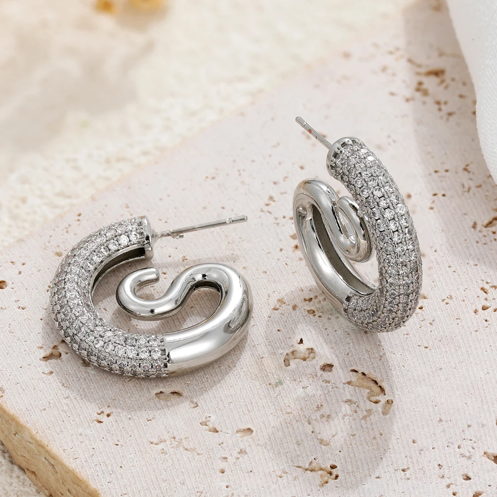 Sparkling Rhinestone Geometric Distortion Stud Earrings Chunky Vortex Ear Hoops Huggies Waterproof Statement Jewelry Rust Proof